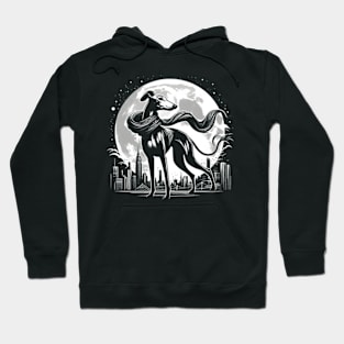 An elegant greyhound with a flowing scarf, standing against a moonlit city skyline Hoodie